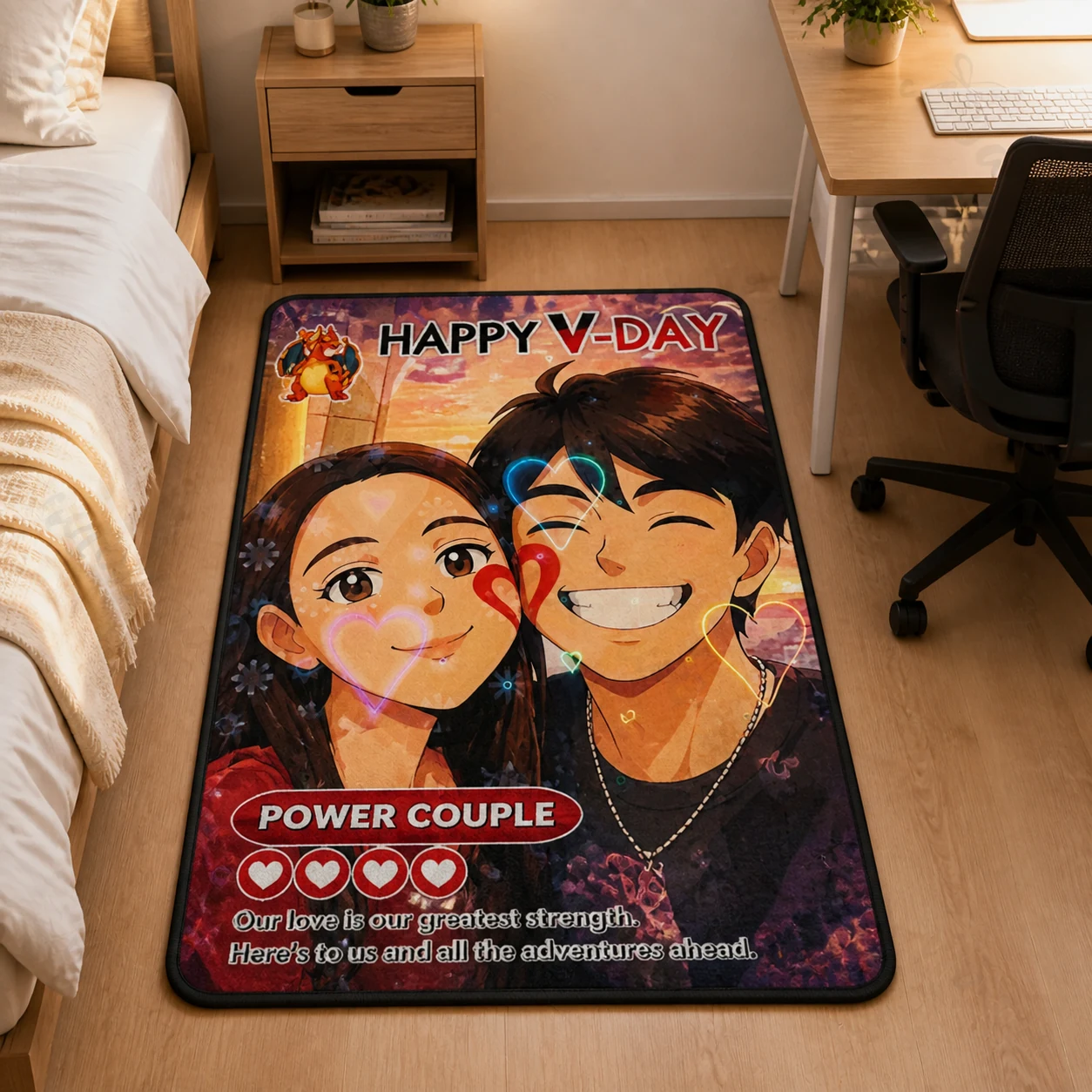 Personalized Photo Anime VMAX Rug styled in a bedroom and gaming space