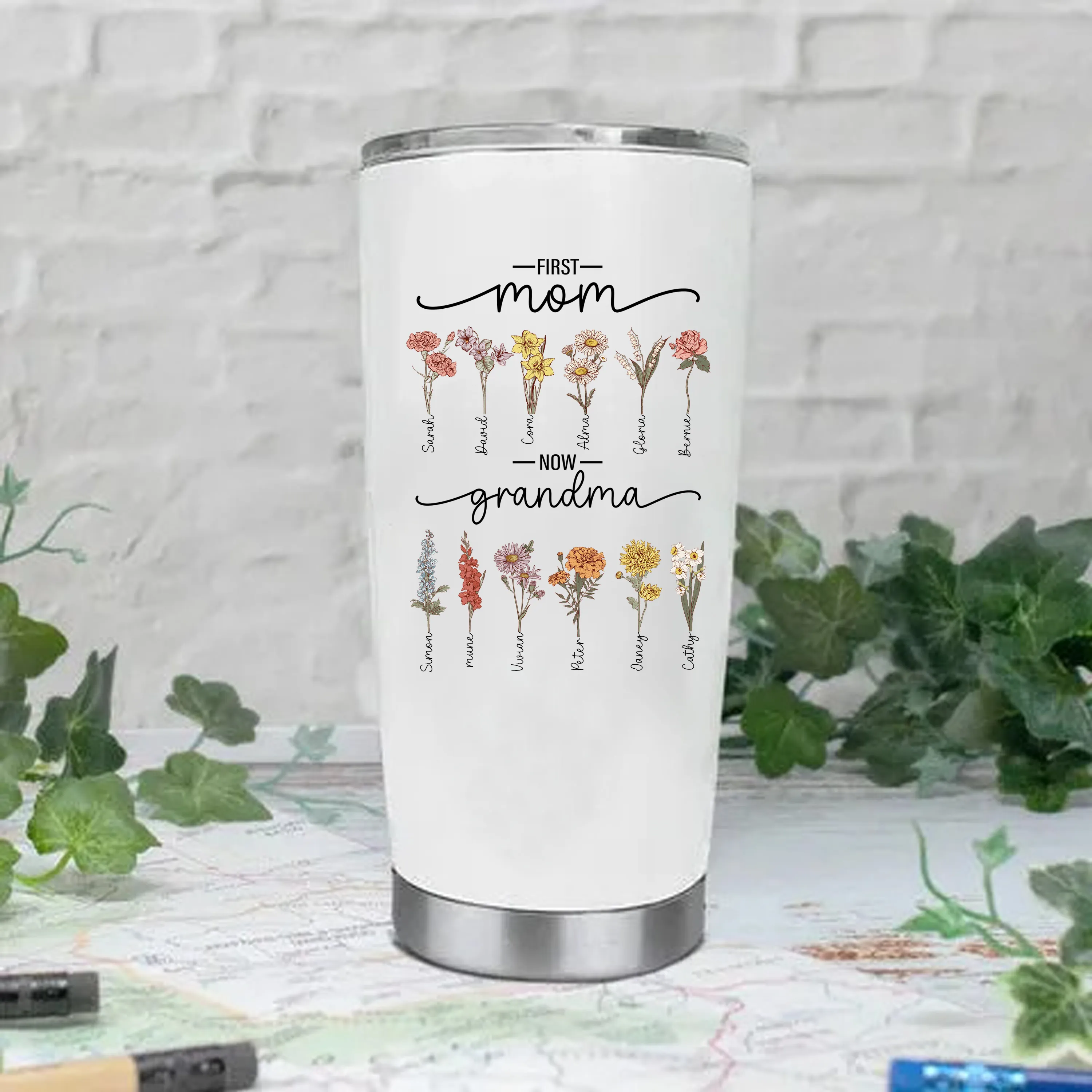 First Mom Now Grandma - Birth Flower Family Custom Stainless Steel Tumbler