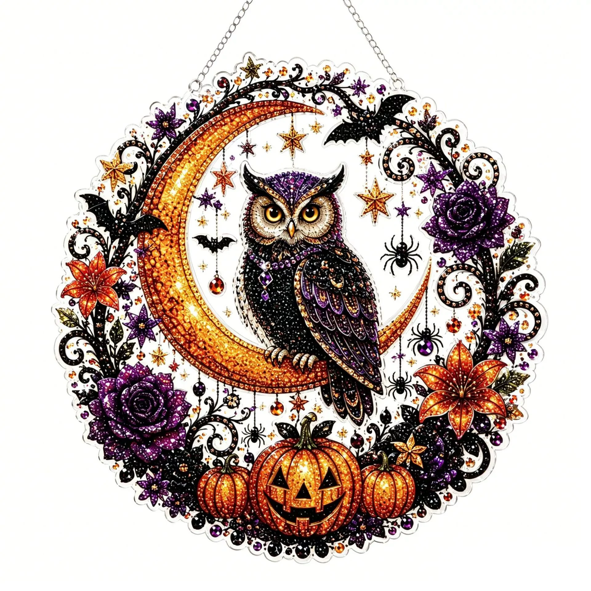 Halloween Round Pearl Art Hanging Kit - Owl Moon & Pumpkins product detail