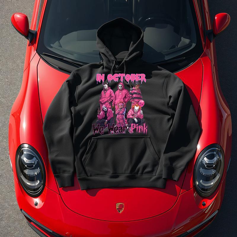 Halloween “In October We Wear Pink” Horror Characters Streetwear - Crewneck, Hoodie & Tee
