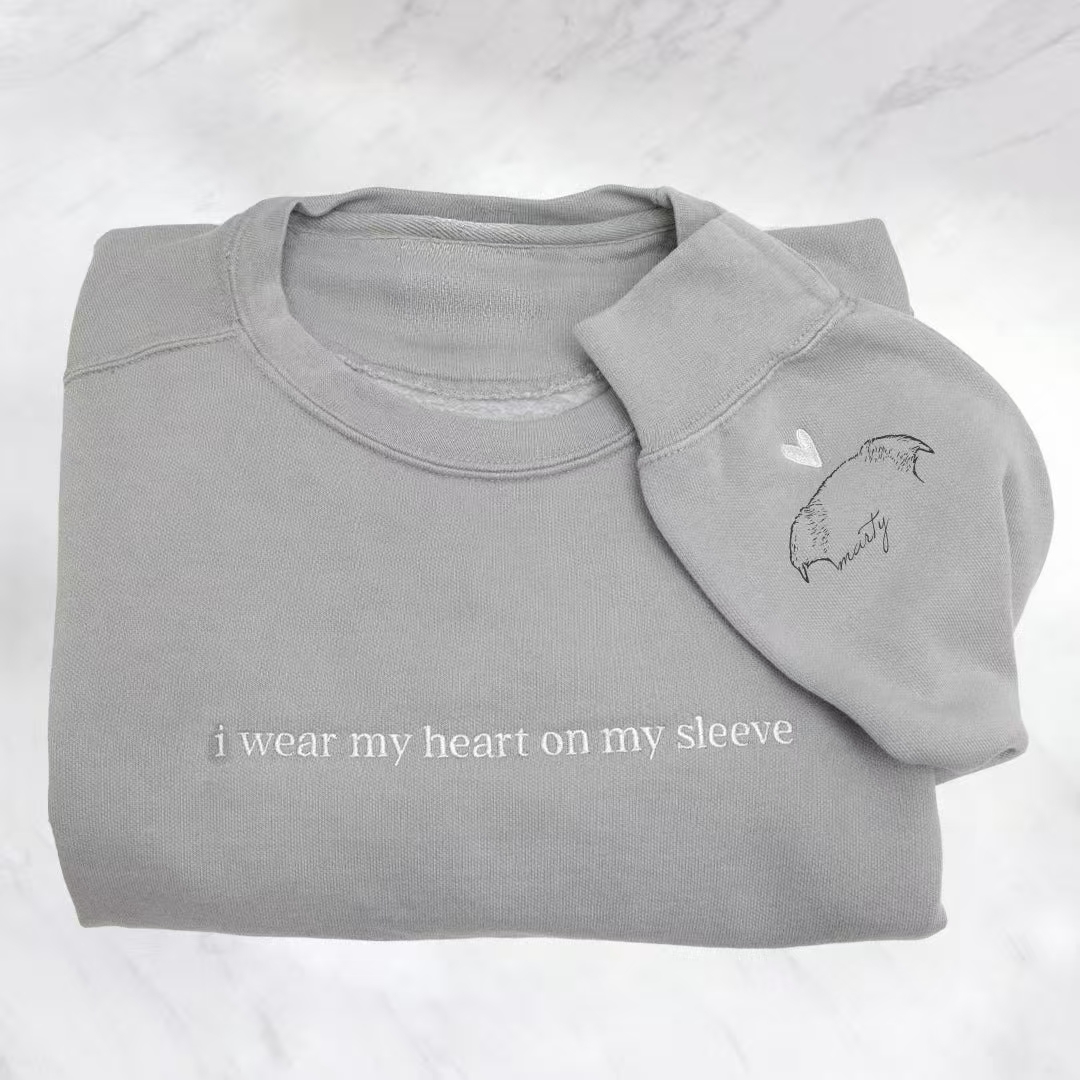 Custom Pet Embroidery Sweatshirt - Personalized Pet Portrait Sleeve Sweatshirt with “I Wear My Heart on My Sleeve”