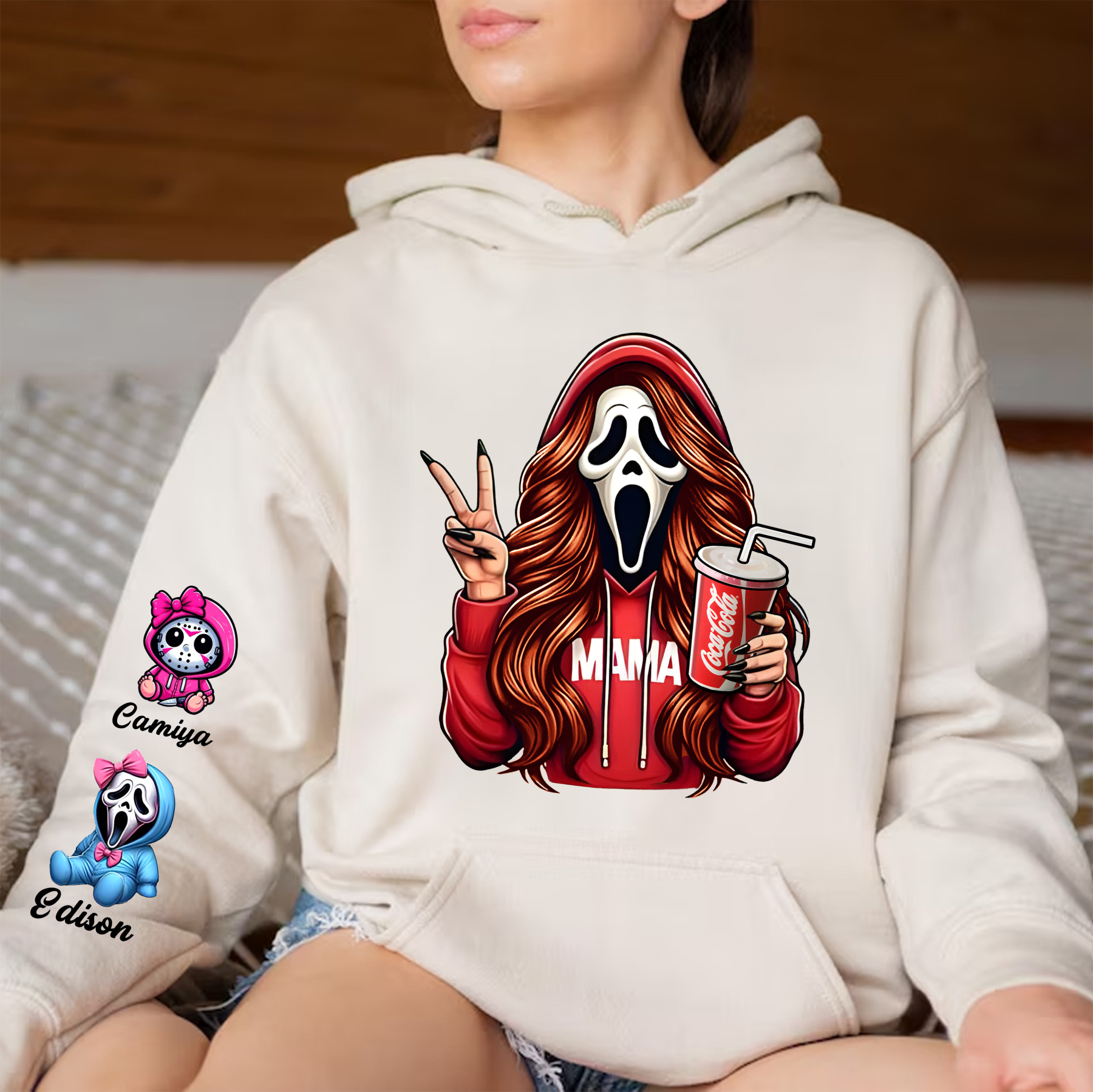 Custom Halloween Ghust Face MAMA Sweatshirt with Kid's Names/Pet's Names on the Sleeve