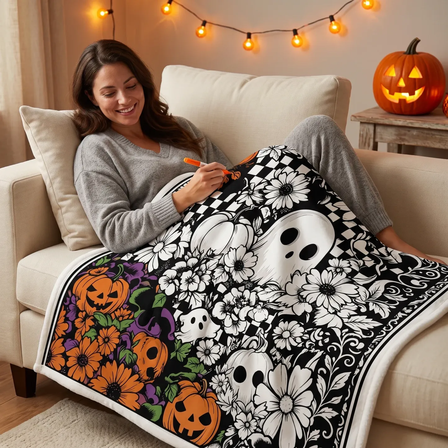 Halloween Coloring Blanket - Floral Ghosts