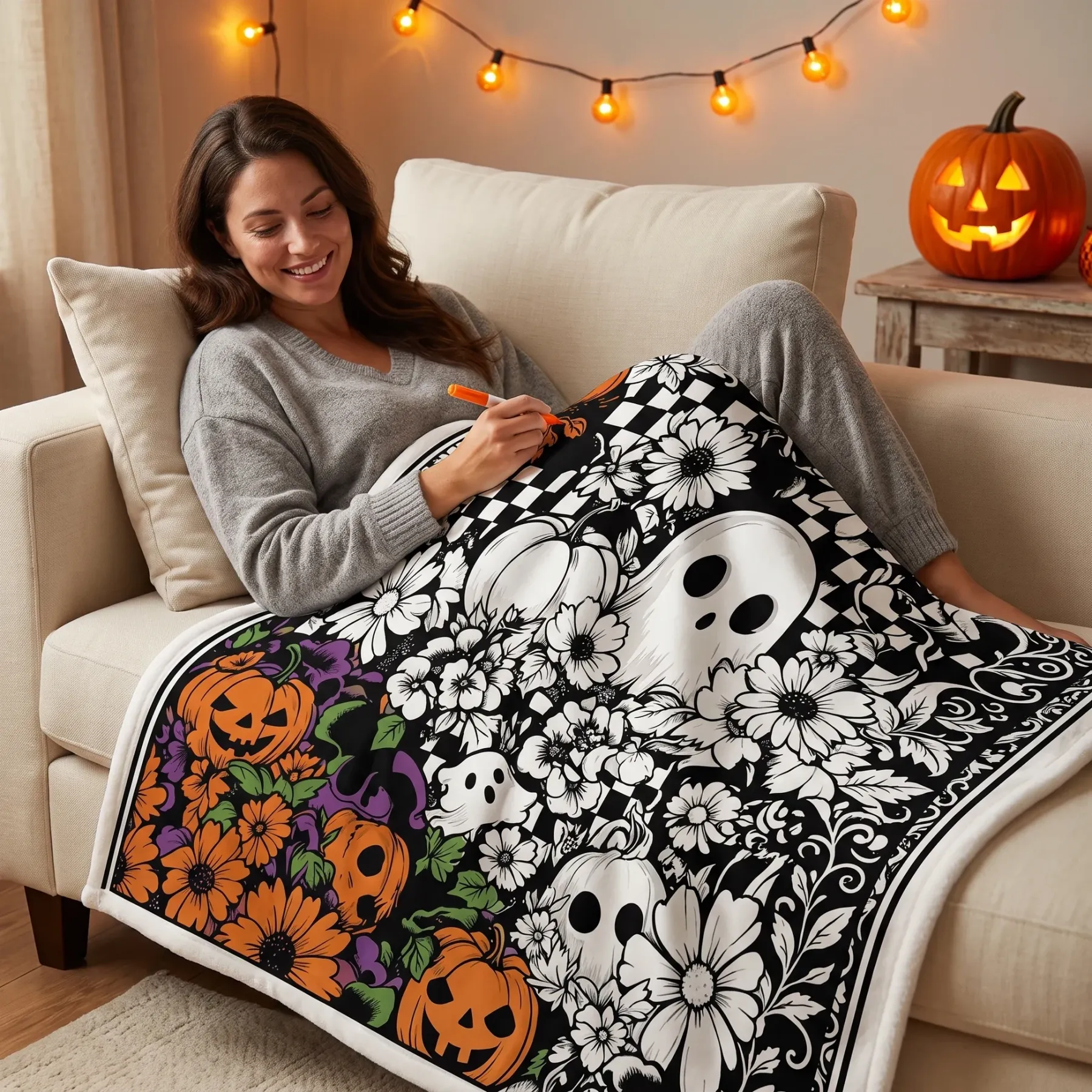 Halloween Coloring Blanket - Floral Ghosts
