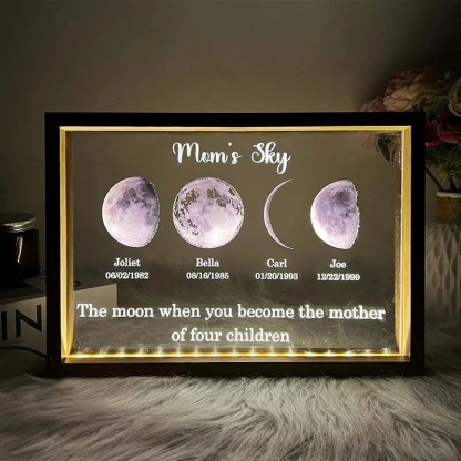 Led light moon phase frame with text and date - mom's universe