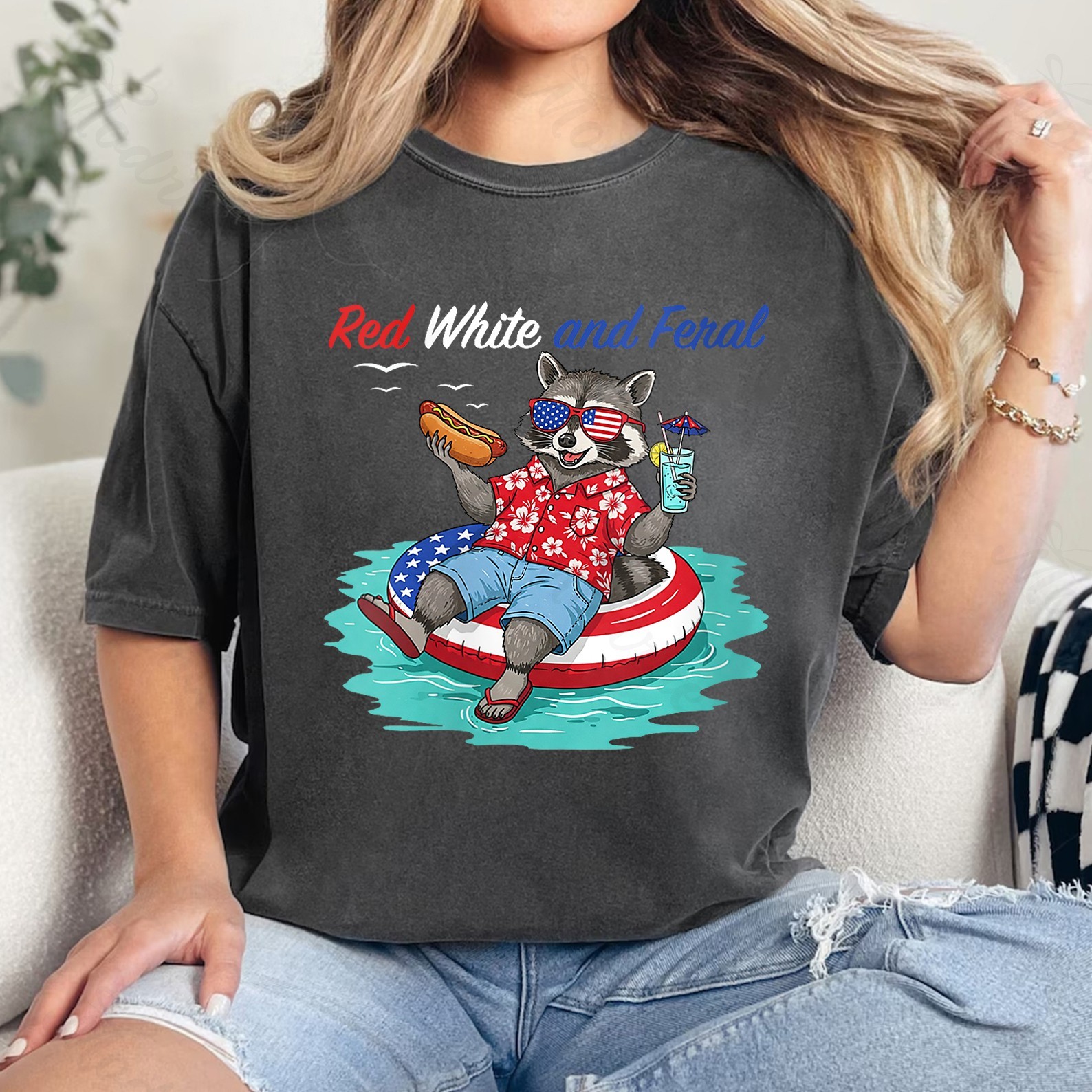 Red White And Fera Raccoon Tee Shirt