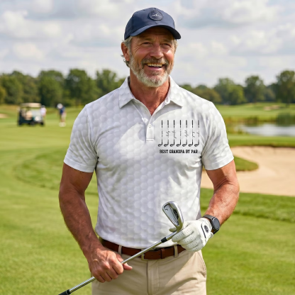 Personalized "Best Dad By Par" Performance Golf Polo - Custom Names & Golf Ball Texture