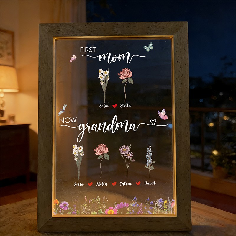 First Mom Now Grandma - Birth Flower Family Customized Light LED Frame