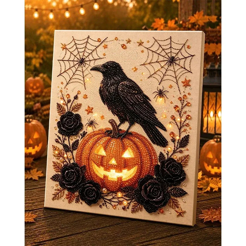 Framed Halloween Raven and Jack-o'-Lantern Pearl Art DIY Kit