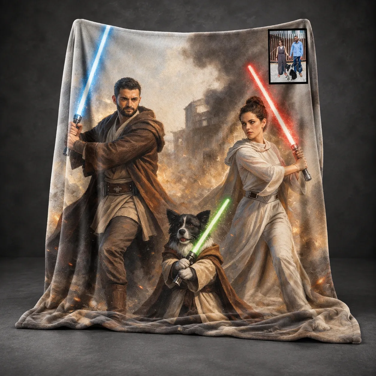 Custom Lightsaber Galactic Hero Couple Family Portrait Blanket Gift
