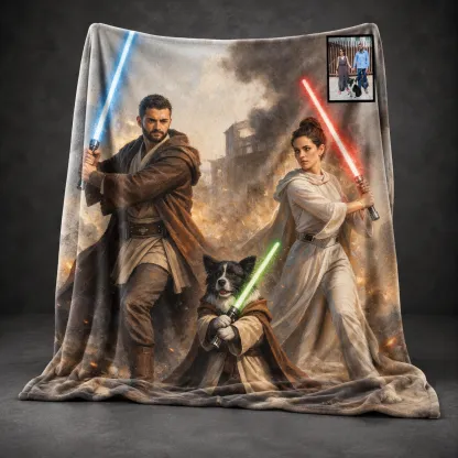 Custom Lightsaber Galactic Hero Couple Family Portrait Blanket Gift