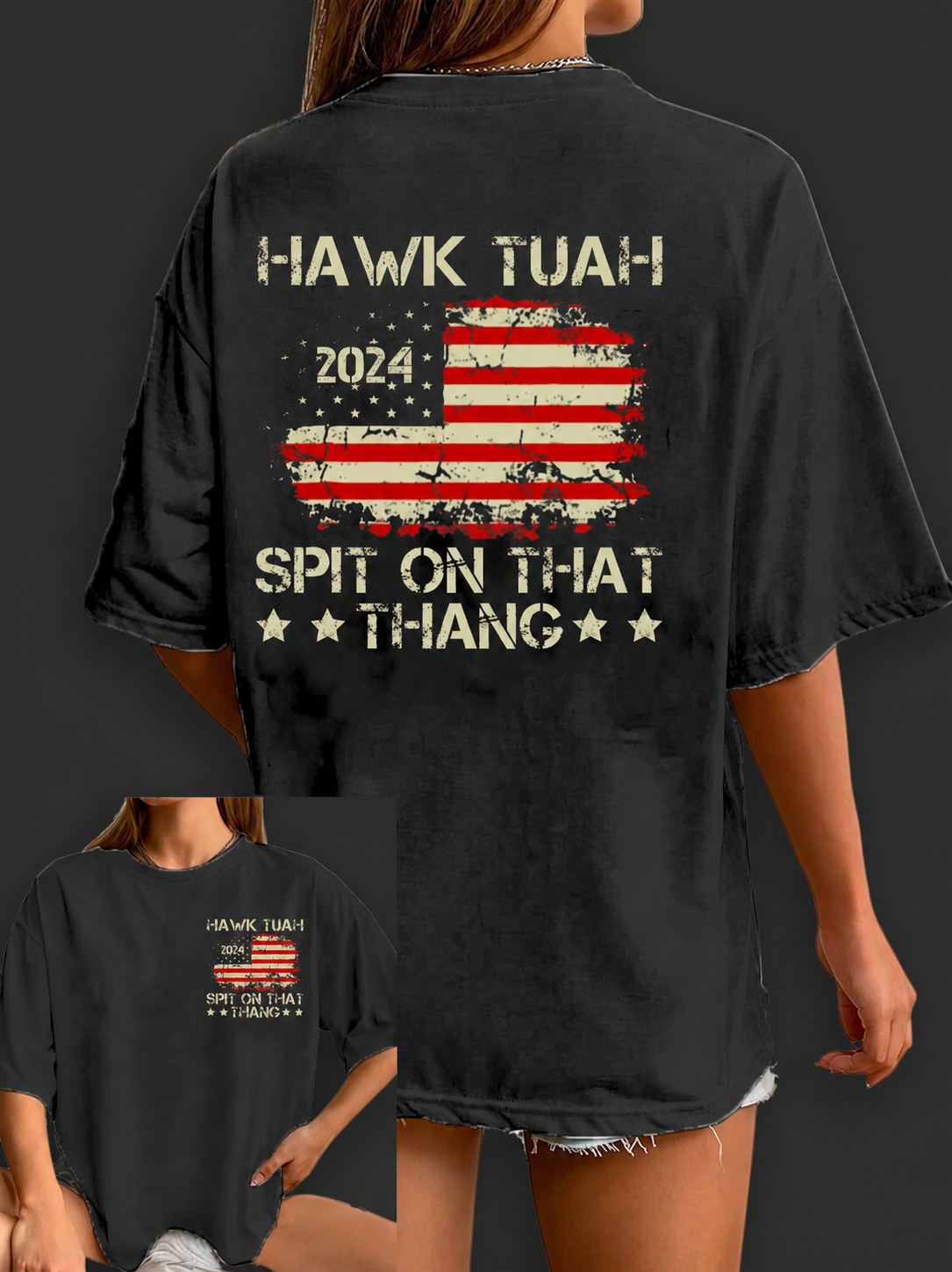 Hawk Tuah America Flag Print Casual T-Shirt