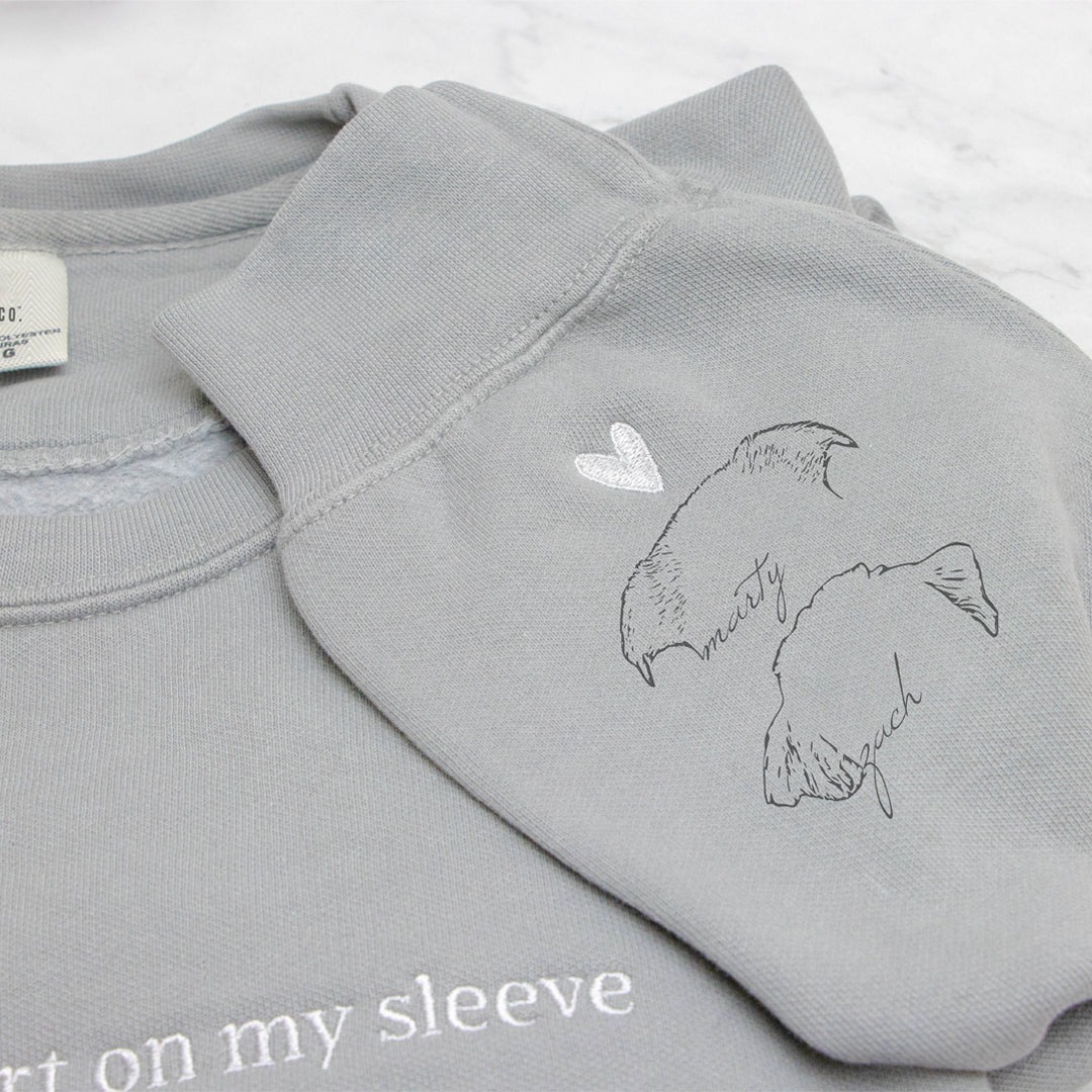 Custom Pet Embroidery Sweatshirt - Personalized Pet Portrait Sleeve Sweatshirt with “I Wear My Heart on My Sleeve”