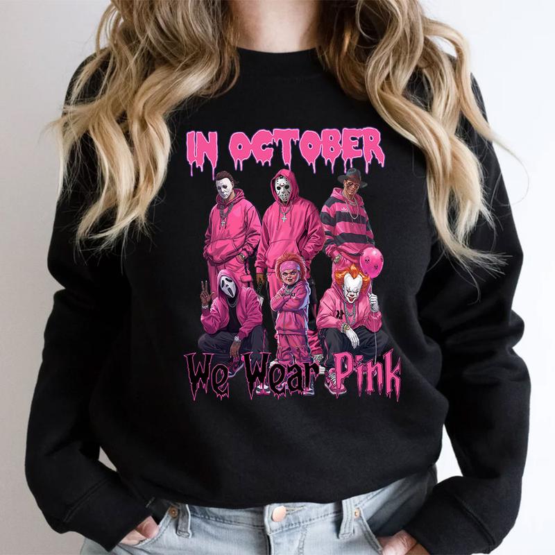 Halloween “In October We Wear Pink” Horror Characters Streetwear - Crewneck, Hoodie & Tee