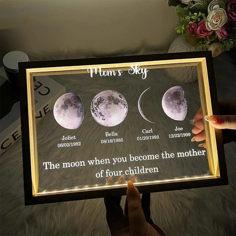 Led light moon phase frame with text and date - mom's universe