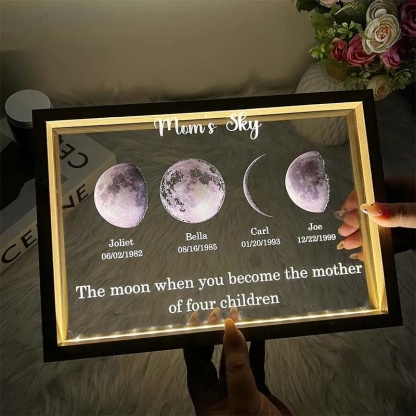 Led light moon phase frame with text and date - mom's universe