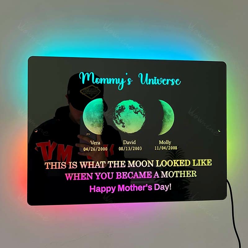Custom Led Mirror Light Frame with text and date - mom's universe