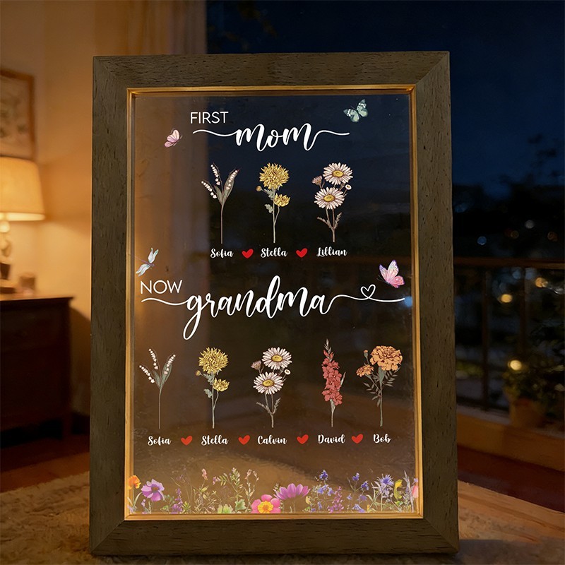 First Mom Now Grandma - Birth Flower Family Customized Light LED Frame