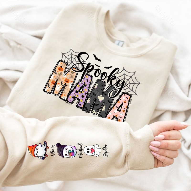 Halloween Mama Wears Her Ghost Kids on Her Sleeve Custom Sweatshirt