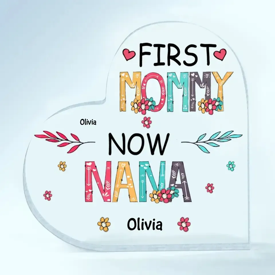 First Mom Now Grandma - Alphabet Style Personalized Heart Acrylic Plaque