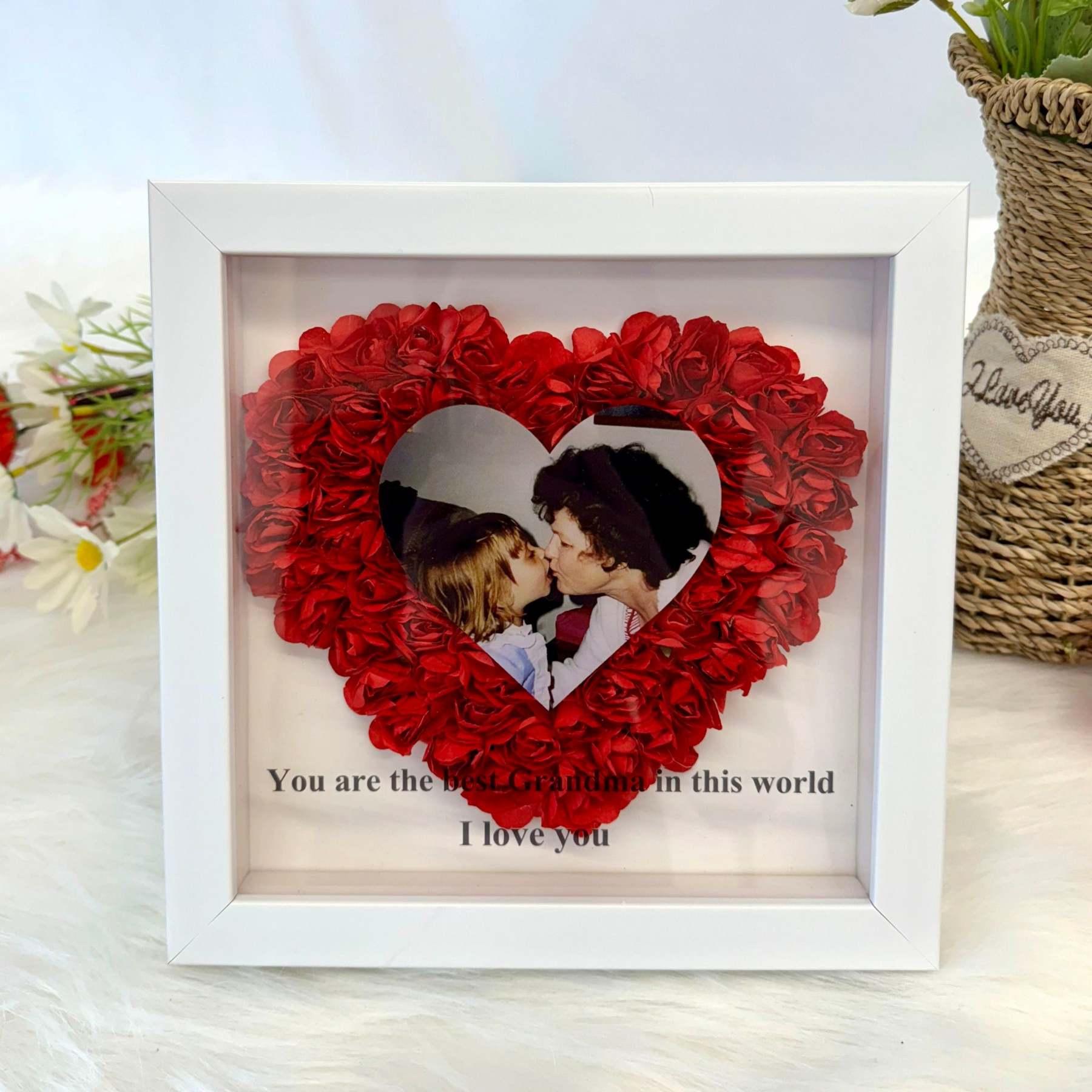 Mom Heart Shaped Monogram Flower Shadow Box with Photo