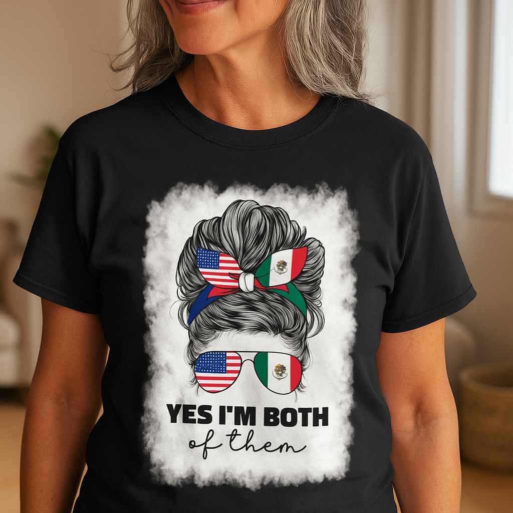 “Bicultural Pride” USA - Mexico Flag Messy Bun Tee