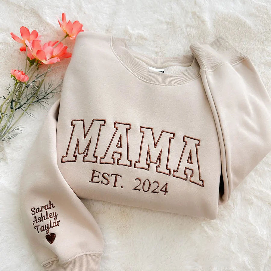 Custom Embroidered Mama Sweatshirt with Kids Names on Sleeve