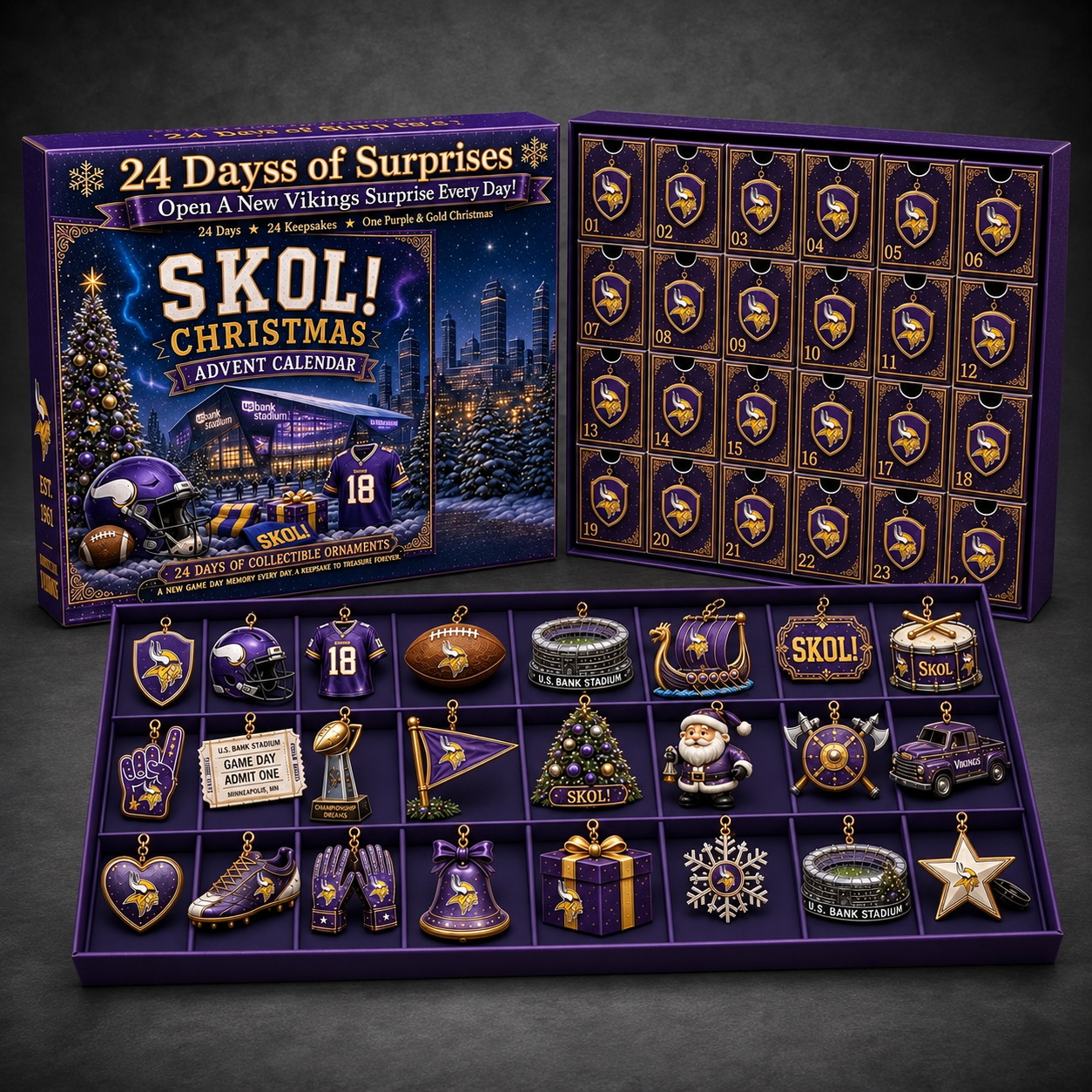 Minnesota Vikings 24-Day Advent Calendar dark gray studio background
