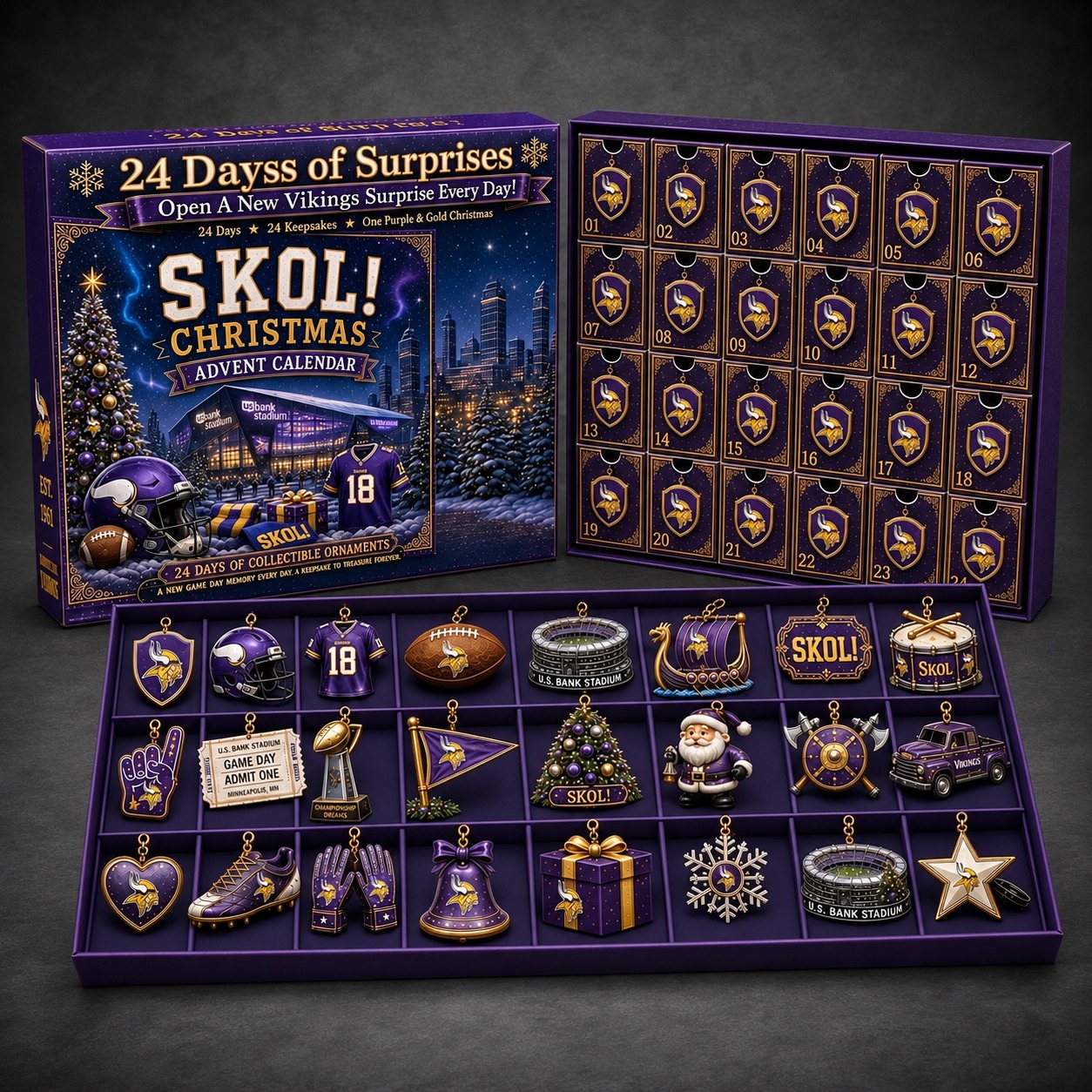 Minnesota Vikings 24-Day Advent Calendar dark gray studio background