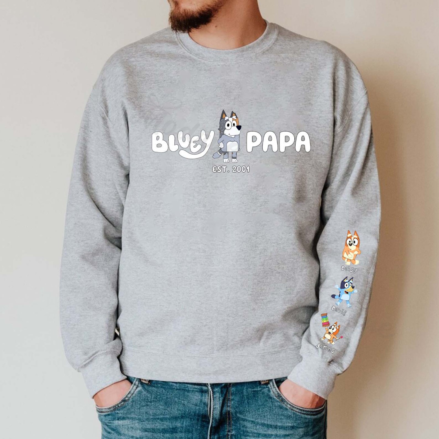 Custom Cartoon PAPA Sweatshirt with Kid's Name on Sleeve
