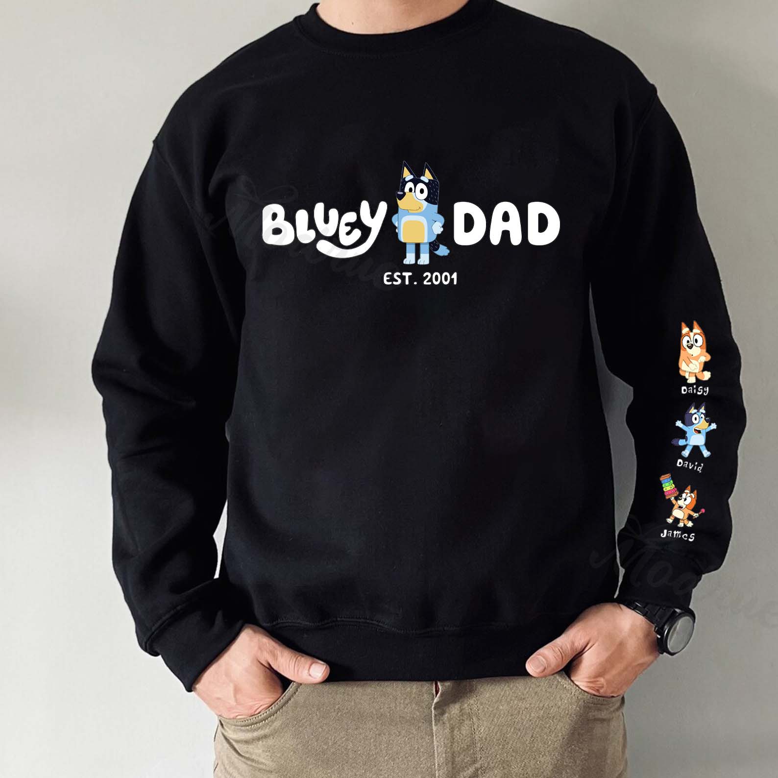Custom Cartoon DAD Sweatshirt with Kid's Name on Sleeve