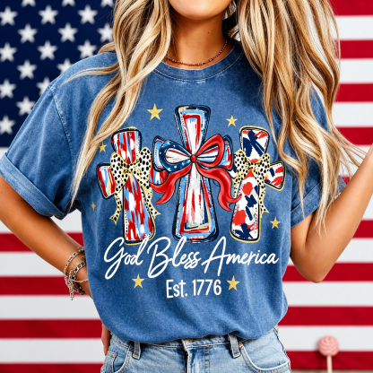 Women's God Bless America Vintage Washed Tee – Patriotic Cross
