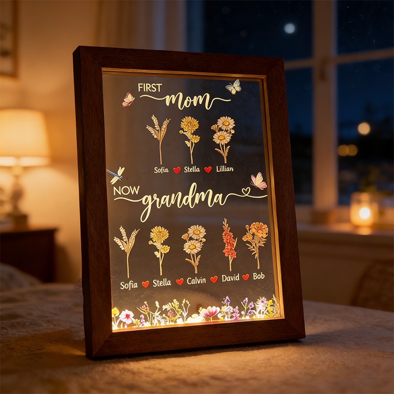 First Mom Now Grandma - Birth Flower Family Customized Light LED Frame