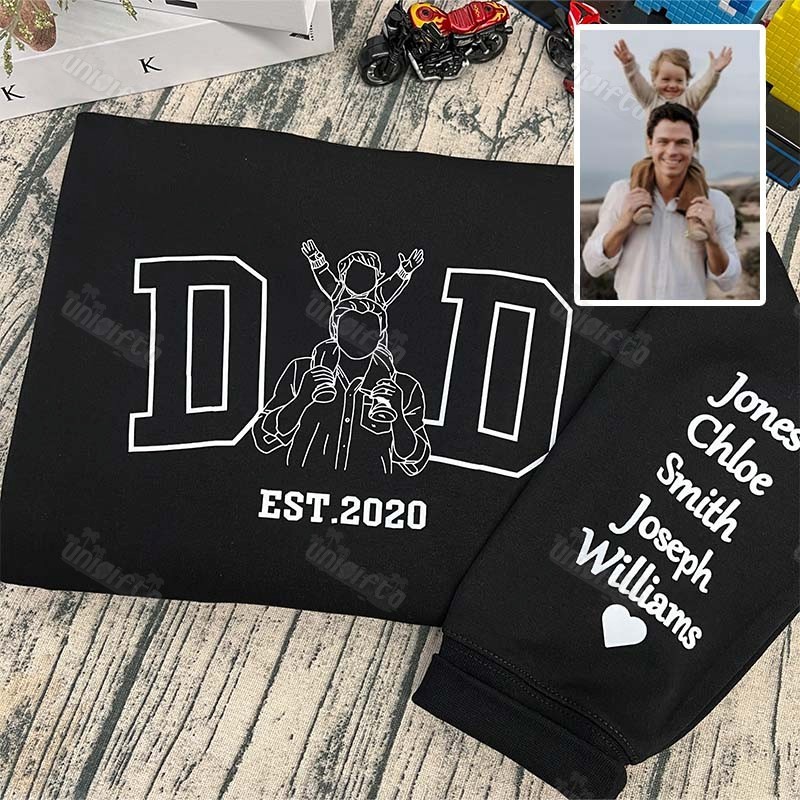 Line Art Dad Tribute Sweatshirt with Kid's Name on Sleeve