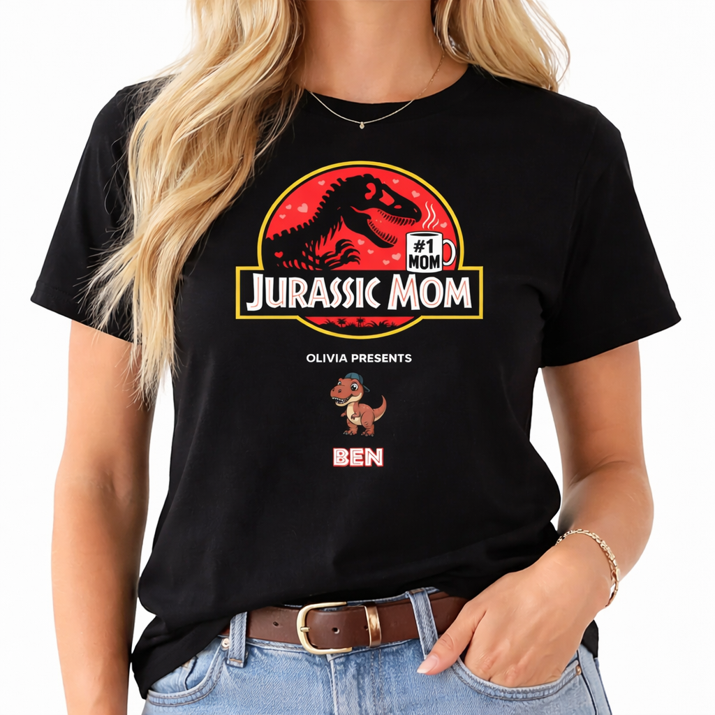 Personalized Jurassic Mom T-Shirt - Custom Kids Names Funny Jurassic Park Parody Mother's Day Gift