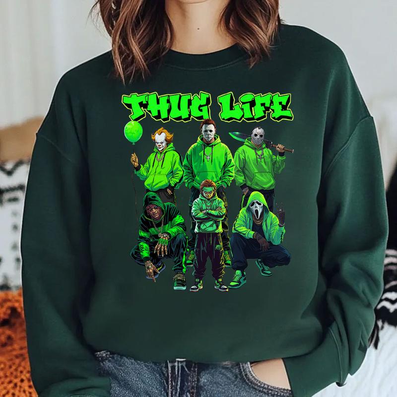 Thug Life Neon Green Horror Characters Streetwear - Crewneck Hoodie & T-Shirt