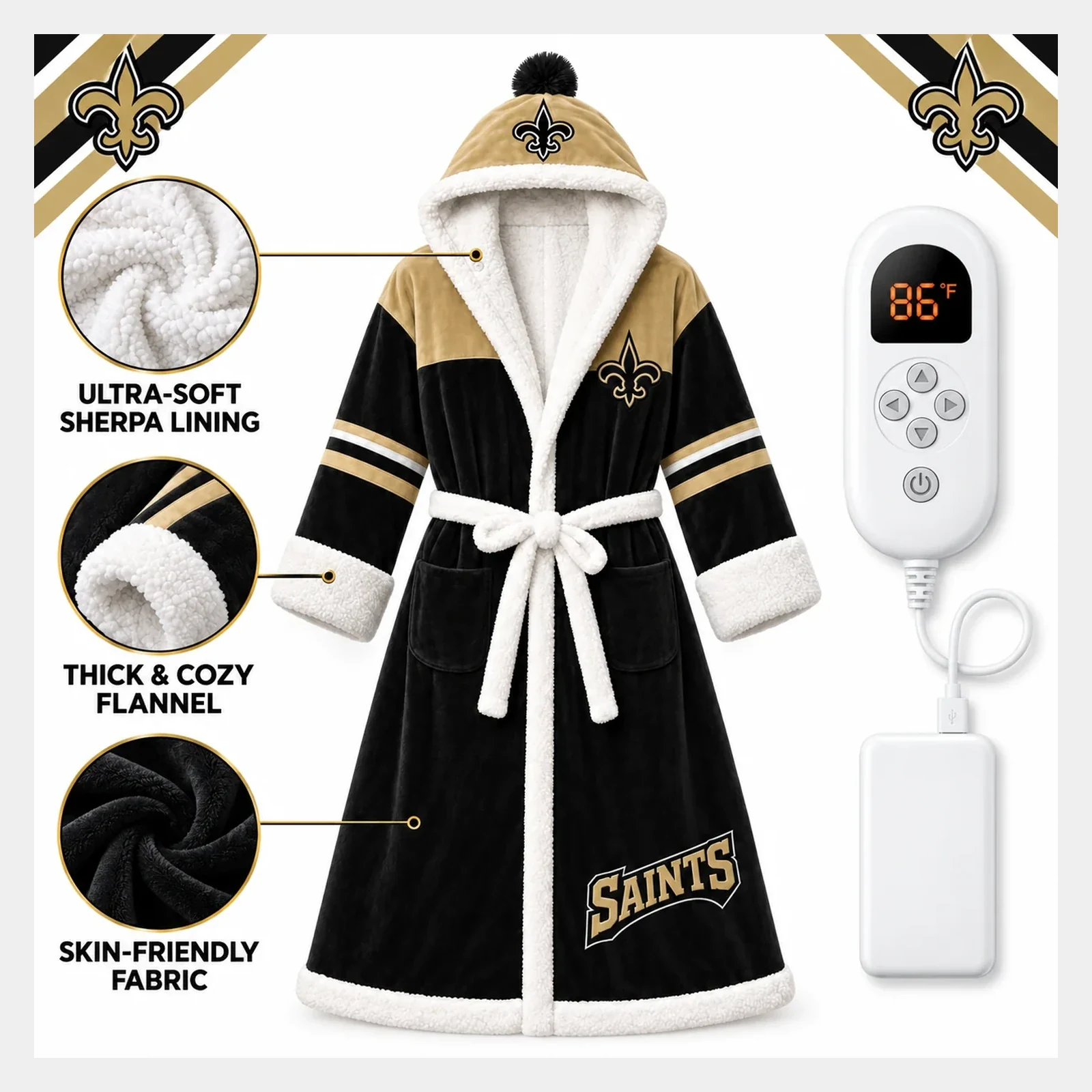 Saints USB heated sherpa football robe