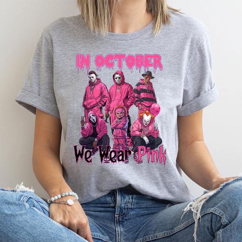Halloween “In October We Wear Pink” Horror Characters Streetwear - Crewneck, Hoodie & Tee