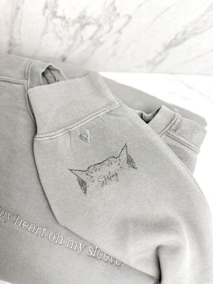 Custom Pet Embroidery Sweatshirt - Personalized Pet Portrait Sleeve Sweatshirt with “I Wear My Heart on My Sleeve”