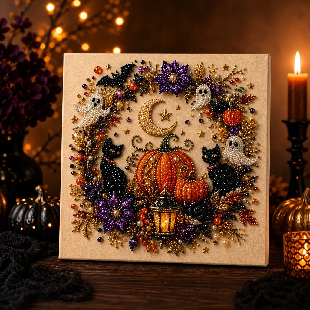 Framed Halloween Pumpkin, Ghost & Black Cat Pearl Art DIY Kit