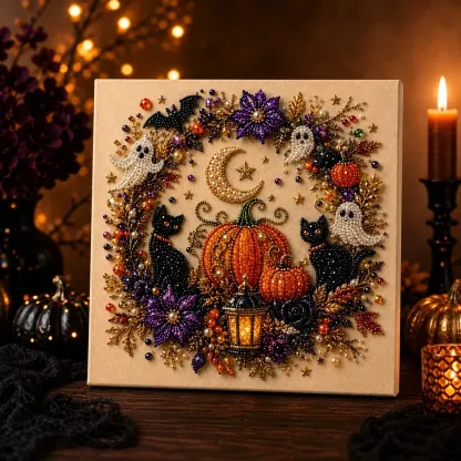 Framed Halloween Pumpkin, Ghost & Black Cat Pearl Art DIY Kit
