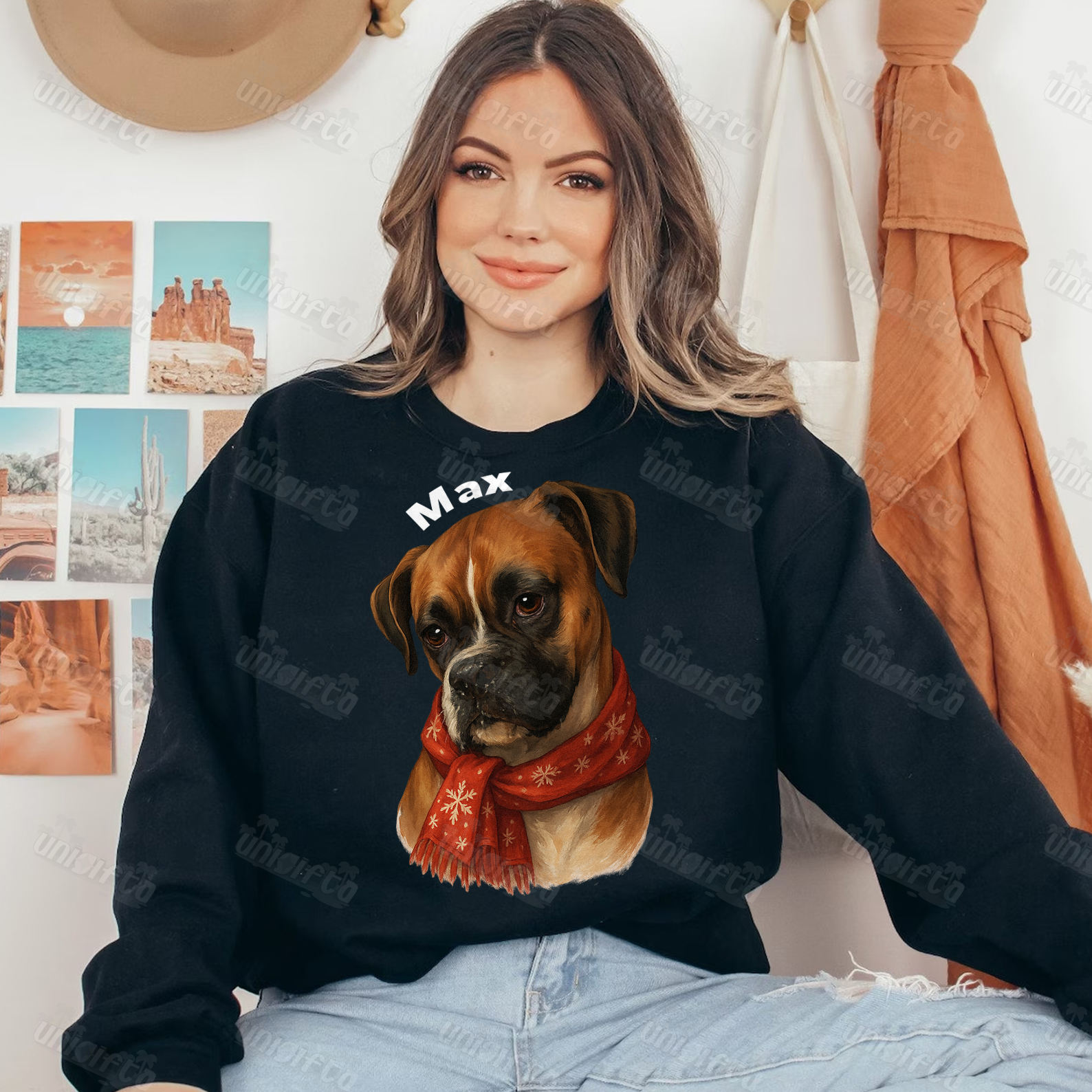 Custom Pet Christmas Sweatshirt - Personalized Holiday Apparel with Red Scarf Design