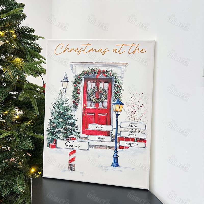 Custom Christmas Door Print Family Name Wall Art Winter Watercolor Canvas