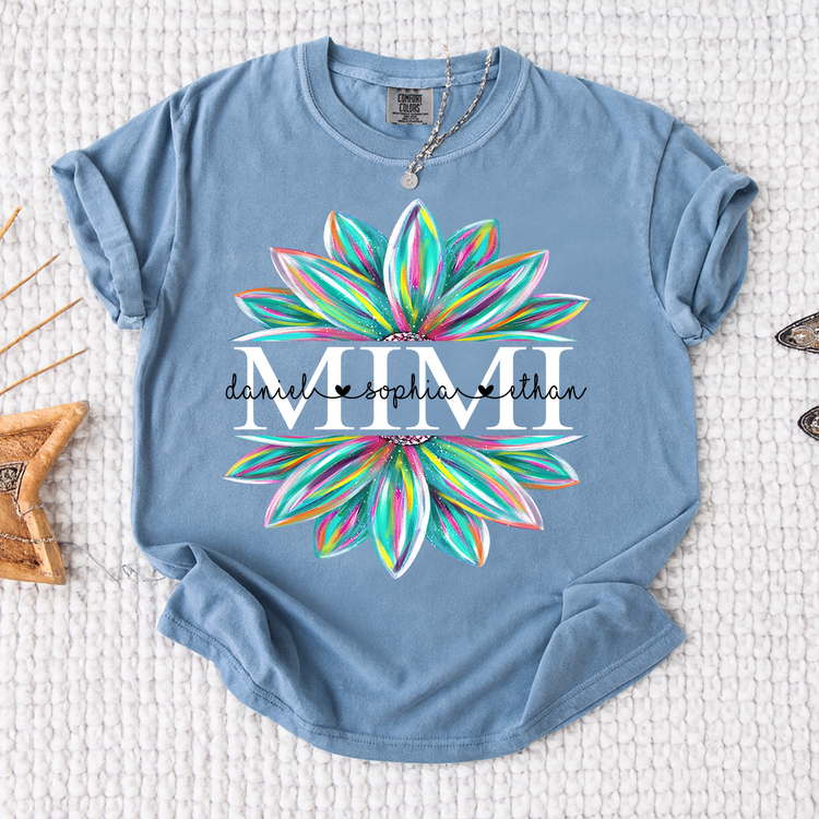Personalized Colorful Flower Mimi T-Shirt – Custom Grandkids Name Gift Tee