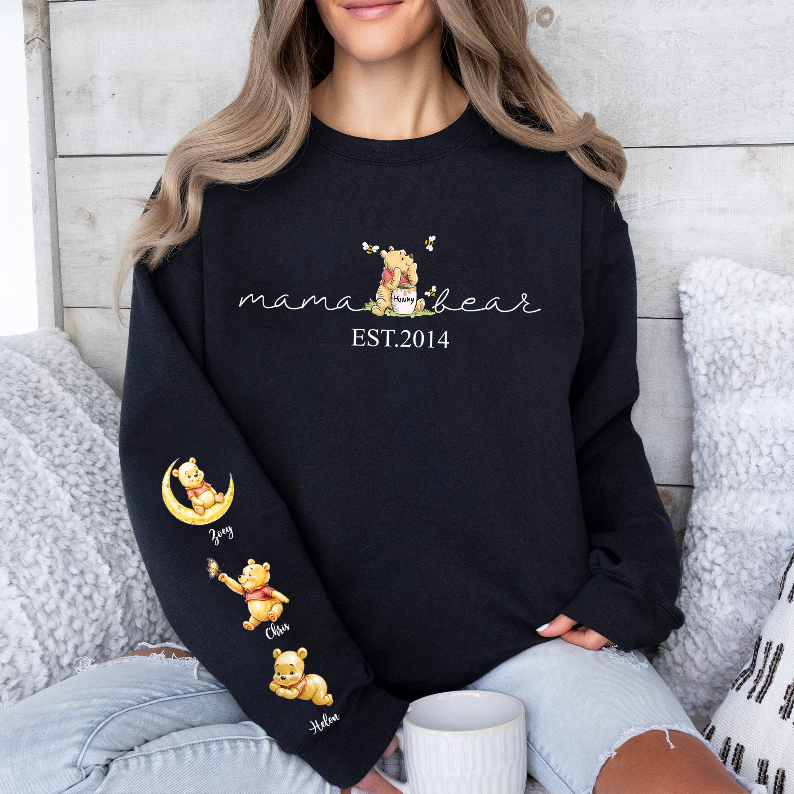 Mama Bear Sweatshirt with Kids Names on Sleeve - Custom Mama Sweatshirt