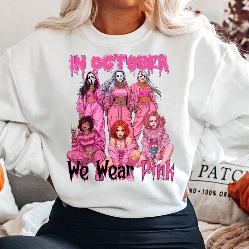 In October We Wear Pink Halloween Hoodie - Cute Horror Characters Graphic Tee & Crewneck