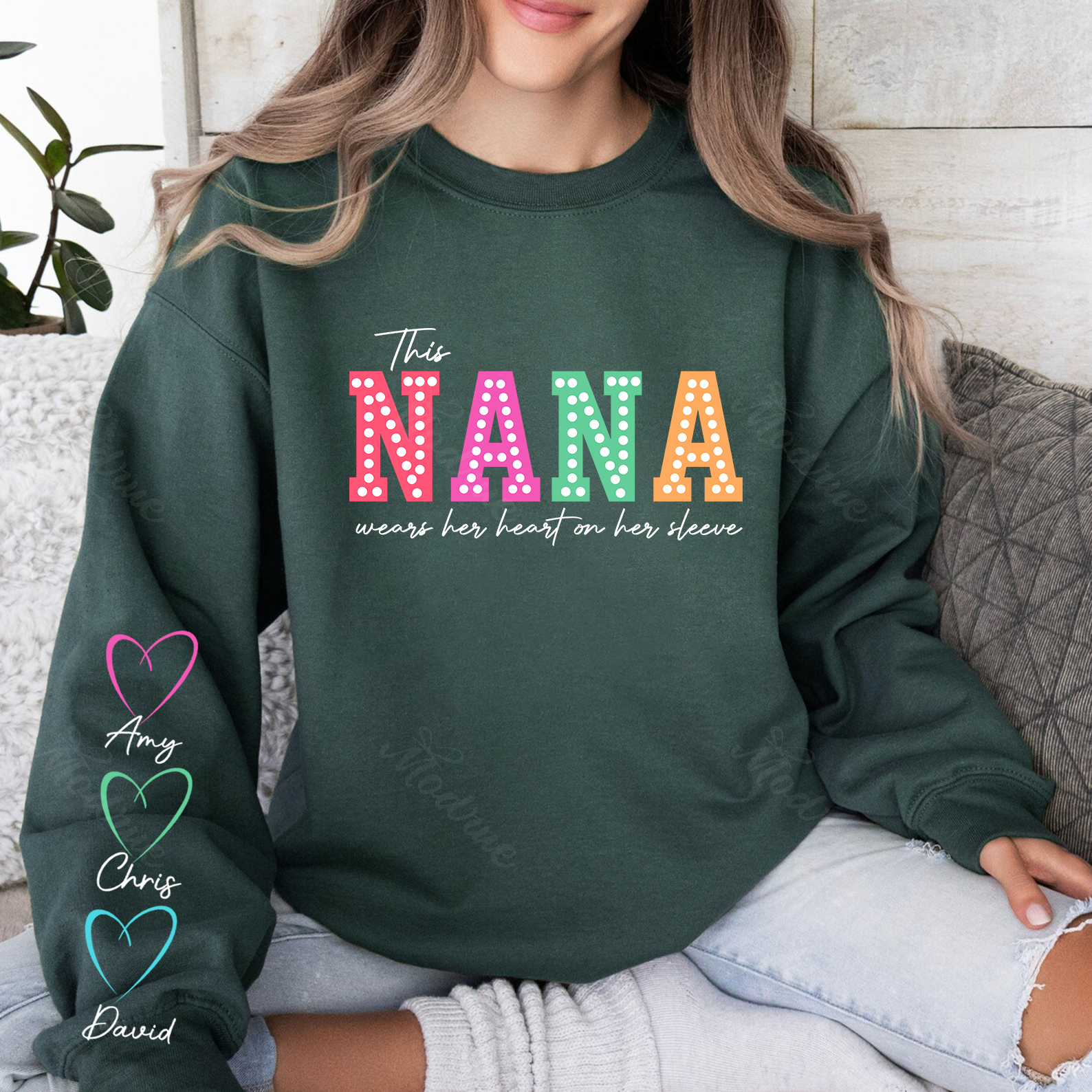 This Mama/Grandma/Nana Wears Her Heart on Her Sleeve Custom Kids Names Sweatshirt