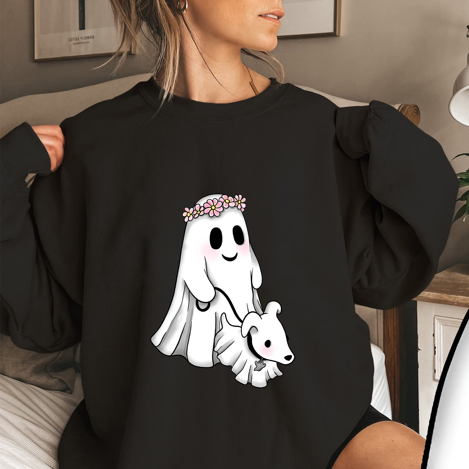 Cute Ghost Walking Dog & Flower Crown Halloween Shirt