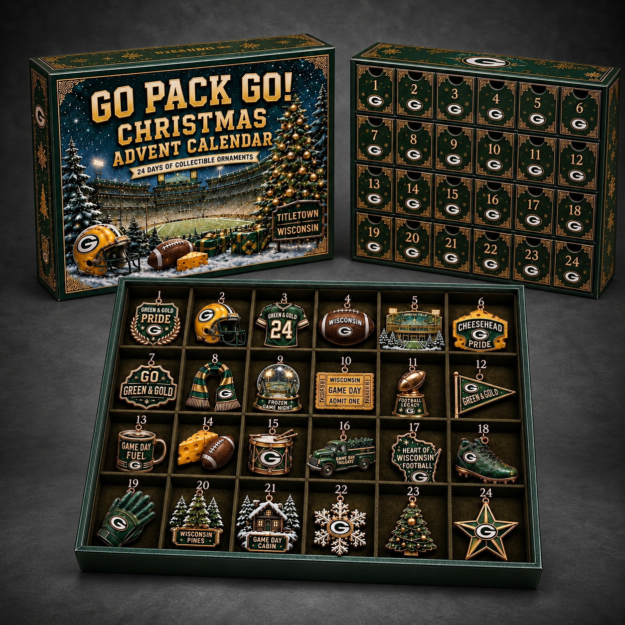 Green Bay Packers 24-Day Advent Calendar dark gray studio background