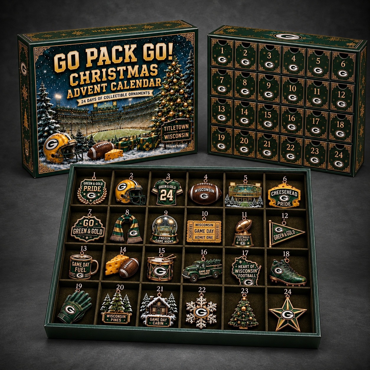 Green Bay Packers 24-Day Advent Calendar dark gray studio background